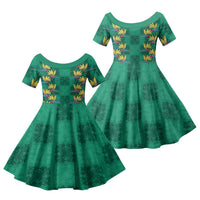Hawaii Waikiki King Family Matching Long Sleeve Bodycon Dress and Hawaiian Shirt Green Quilt With Pua Manu LT05 Daughter's Dress Green - Polynesian Pride