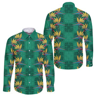 Hawaii Waikiki King Family Matching Off Shoulder Short Dress and Hawaiian Shirt Green Quilt With Pua Manu LT05 Dad's Shirt - Long Sleeve Green - Polynesian Pride