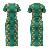Hawaii Waikiki King Family Matching Short Sleeve Bodycon Dress and Hawaiian Shirt Green Quilt With Pua Manu LT05 Mom's Dress Green - Polynesian Pride