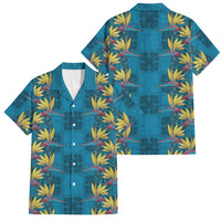 Hawaii Waikiki King Family Matching Off Shoulder Short Dress and Hawaiian Shirt Blue Quilt With Pua Manu LT05 Dad's Shirt - Short Sleeve Blue - Polynesian Pride