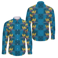 Hawaii Waikiki King Family Matching Short Sleeve Bodycon Dress and Hawaiian Shirt Blue Quilt With Pua Manu LT05 Dad's Shirt - Long Sleeve Blue - Polynesian Pride