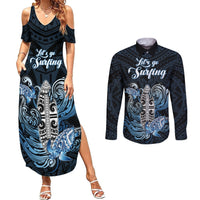 Personalised Polynesia Go Surfing Couples Matching Summer Maxi Dress and Long Sleeve Button Shirt The Pacific Wave Of Water LT05 Blue - Polynesian Pride