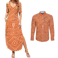 Personalised Lapita Culture Couples Matching Summer Maxi Dress and Long Sleeve Button Shirt Iconic Double Face Pattern LT05 Brown - Polynesian Pride