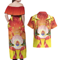 French Polynesia Christmas Couples Matching Off Shoulder Maxi Dress and Hawaiian Shirt Seashell Santa Beach Vibes - Polynesian Pride