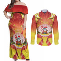 French Polynesia Christmas Couples Matching Off Shoulder Maxi Dress and Long Sleeve Button Shirt Seashell Santa Beach Vibes - Polynesian Pride
