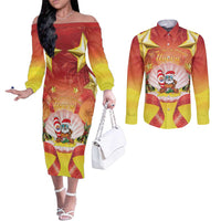 French Polynesia Christmas Couples Matching Off The Shoulder Long Sleeve Dress and Long Sleeve Button Shirt Seashell Santa Beach Vibes - Polynesian Pride