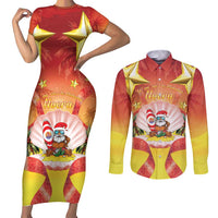 French Polynesia Christmas Couples Matching Short Sleeve Bodycon Dress and Long Sleeve Button Shirt Seashell Santa Beach Vibes - Polynesian Pride