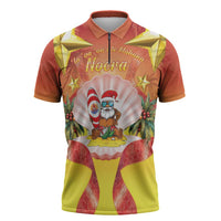 French Polynesia Christmas Zipper Polo Shirt Seashell Santa Beach Vibes LT05 Orange - Polynesian Pride