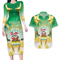 Cook Islands Christmas Couples Matching Long Sleeve Bodycon Dress and Hawaiian Shirt Seashell Santa Beach Vibes - Polynesian Pride