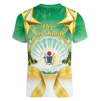 Cook Islands Christmas Women V-Neck T-Shirt Seashell Santa Beach Vibes - Polynesian Pride