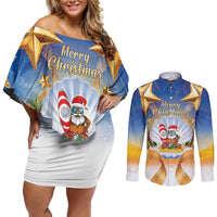 Marshall Islands Christmas Couples Matching Off Shoulder Short Dress and Long Sleeve Button Shirt Seashell Santa Beach Vibes LT05 Navy - Polynesian Pride