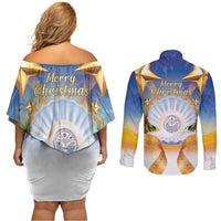 Marshall Islands Christmas Couples Matching Off Shoulder Short Dress and Long Sleeve Button Shirt Seashell Santa Beach Vibes LT05 - Polynesian Pride