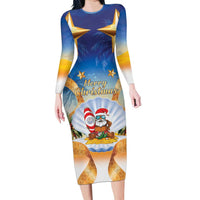 Marshall Islands Christmas Family Matching Long Sleeve Bodycon Dress and Hawaiian Shirt Seashell Santa Beach Vibes LT05 Mom's Dress Navy - Polynesian Pride
