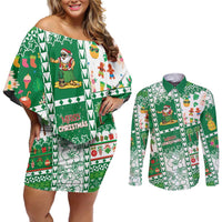 Norfolk Island Christmas Couples Matching Off Shoulder Short Dress and Long Sleeve Button Shirt Festive Beach Vibes - Polynesian Pride