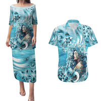 Hawaii Namaka Goddess Of The Sea Couples Matching Puletasi and Hawaiian Shirt Polynesian Style LT05 Turquoise - Polynesian Pride
