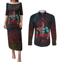Hawaiian Demigod Maui Couples Matching Puletasi and Long Sleeve Button Shirt Polynesian Mythology LT05 Black - Polynesian Pride