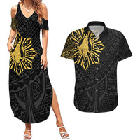 Philippines Tribal Couples Matching Summer Maxi Dress and Hawaiian Shirt King Lapu Lapu Gold Version