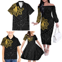 Philippines Tribal Family Matching Off The Shoulder Long Sleeve Dress and Hawaiian Shirt King Lapu Lapu Gold Version LT05 - Polynesian Pride