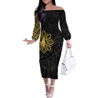 Philippines Tribal Family Matching Off The Shoulder Long Sleeve Dress and Hawaiian Shirt King Lapu Lapu Gold Version LT05 Mom's Dress Gold - Polynesian Pride