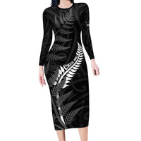 Personalised New Zealand Chur Bro Family Matching Long Sleeve Bodycon Dress and Hawaiian Shirt Maori Koru With Silver Fern LT05 Mom's Dress Black - Polynesian Pride