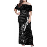 Personalised New Zealand Chur Bro Family Matching Off Shoulder Maxi Dress and Hawaiian Shirt Maori Koru With Silver Fern LT05 Mom's Dress Black - Polynesian Pride