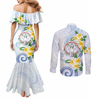Northern Mariana Islands Chamorro Couples Matching Mermaid Dress and Long Sleeve Button Shirt Plumeria Curves Style White Version