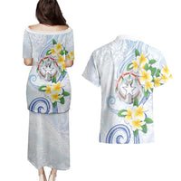 Northern Mariana Islands Chamorro Couples Matching Puletasi and Hawaiian Shirt Plumeria Curves Style White Version
