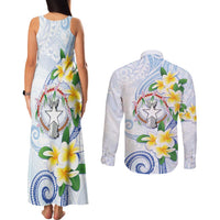 Northern Mariana Islands Chamorro Couples Matching Tank Maxi Dress and Long Sleeve Button Shirt Plumeria Curves Style White Version
