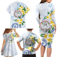 Northern Mariana Islands Chamorro Family Matching Long Sleeve Bodycon Dress and Hawaiian Shirt Plumeria Curves Style White Version LT05 - Polynesian Pride