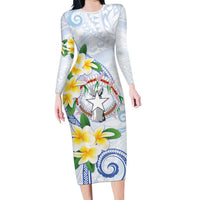Northern Mariana Islands Chamorro Family Matching Long Sleeve Bodycon Dress and Hawaiian Shirt Plumeria Curves Style White Version LT05 Mom's Dress White - Polynesian Pride