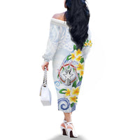 Northern Mariana Islands Chamorro Family Matching Off The Shoulder Long Sleeve Dress and Hawaiian Shirt Plumeria Curves Style White Version LT05 - Polynesian Pride