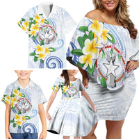 Northern Mariana Islands Chamorro Family Matching Off Shoulder Short Dress and Hawaiian Shirt Plumeria Curves Style White Version LT05 - Polynesian Pride