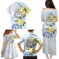 Northern Mariana Islands Chamorro Family Matching Puletasi and Hawaiian Shirt Plumeria Curves Style White Version LT05 - Polynesian Pride