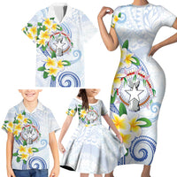 Northern Mariana Islands Chamorro Family Matching Short Sleeve Bodycon Dress and Hawaiian Shirt Plumeria Curves Style White Version LT05 - Polynesian Pride