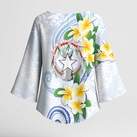 Northern Mariana Islands Chamorro Kimono Sleeve Blouse Plumeria Curves Style White Version