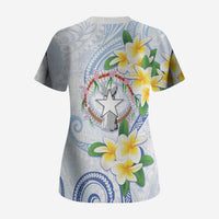 Northern Mariana Islands Chamorro Scrub Top Plumeria Curves Style White Version