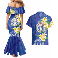 Northern Mariana Islands Chamorro Couples Matching Mermaid Dress and Hawaiian Shirt Plumeria Curves Style Navy Version