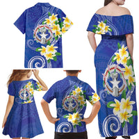 Northern Mariana Islands Chamorro Family Matching Off Shoulder Maxi Dress and Hawaiian Shirt Plumeria Curves Style Navy Version LT05 - Polynesian Pride