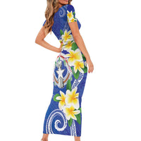 Northern Mariana Islands Chamorro Short Sleeve Bodycon Dress Plumeria Curves Style Navy Version