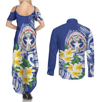 Northern Mariana Islands Couples Matching Summer Maxi Dress and Long Sleeve Button Shirt Polynesian Pattern With Frangipani