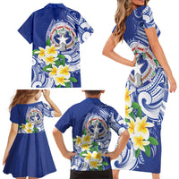 Northern Mariana Islands Family Matching Short Sleeve Bodycon Dress and Hawaiian Shirt Polynesian Pattern With Frangipani