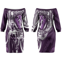 Hawaii Queen Liliuokalani Family Matching Off The Shoulder Long Sleeve Dress and Hawaiian Shirt Hawaiian Maile Lei Flag Style LT05 Mom's Dress Purple - Polynesian Pride