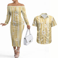 Hawaii Queen Liliuokalani Couples Matching Off The Shoulder Long Sleeve Dress and Hawaiian Shirt Gold Lei Pua Kalaunu LT05 Gold - Polynesian Pride