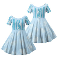 Hawaii Queen Liliuokalani Family Matching Off Shoulder Short Dress and Hawaiian Shirt Blue Lei Pua Kalaunu LT05 Daughter's Dress Blue - Polynesian Pride