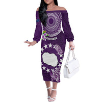 Personalized Cook Islands Rarotonga Off The Shoulder Long Sleeve Dress Coat Of Arms Plumeria Polynesian Turtle LT05 Women Purple - Polynesian Pride