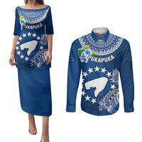 Personalized Cook Islands Pukapuka Couples Matching Puletasi Dress and Long Sleeve Button Shirts Coat Of Arms Plumeria Polynesian Turtle LT05 Blue - Polynesian Pride
