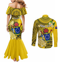 Personalized Cook Islands Aitutaki Couples Matching Mermaid Dress and Long Sleeve Button Shirts Coat Of Arms Plumeria Polynesian Turtle LT05 - Polynesian Pride