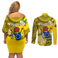 Personalized Cook Islands Aitutaki Couples Matching Off Shoulder Short Dress and Long Sleeve Button Shirts Coat Of Arms Plumeria Polynesian Turtle LT05 - Polynesian Pride