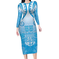 Fiji Day Family Matching Long Sleeve Bodycon Dress and Hawaiian Shirt 55th Anniversary Forever Fiji LT05 Mom's Dress Blue - Polynesian Pride