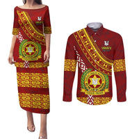 Custom Vavau High School Couples Matching Puletasi Dress and Long Sleeve Button Shirts Tongan Kupesi Pattern LT05 Red - Polynesian Pride